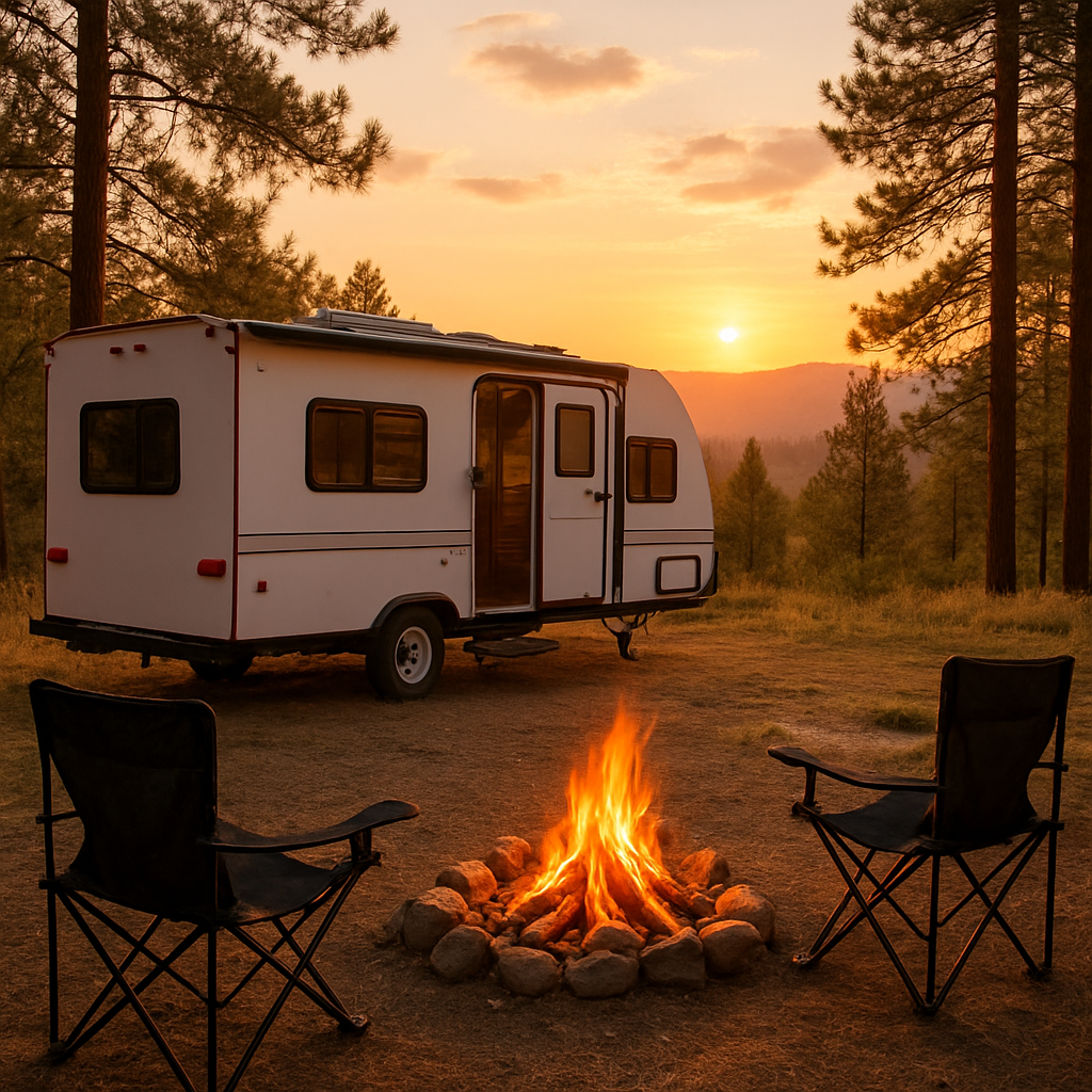 A travel trailer parked at a scenic campsite
